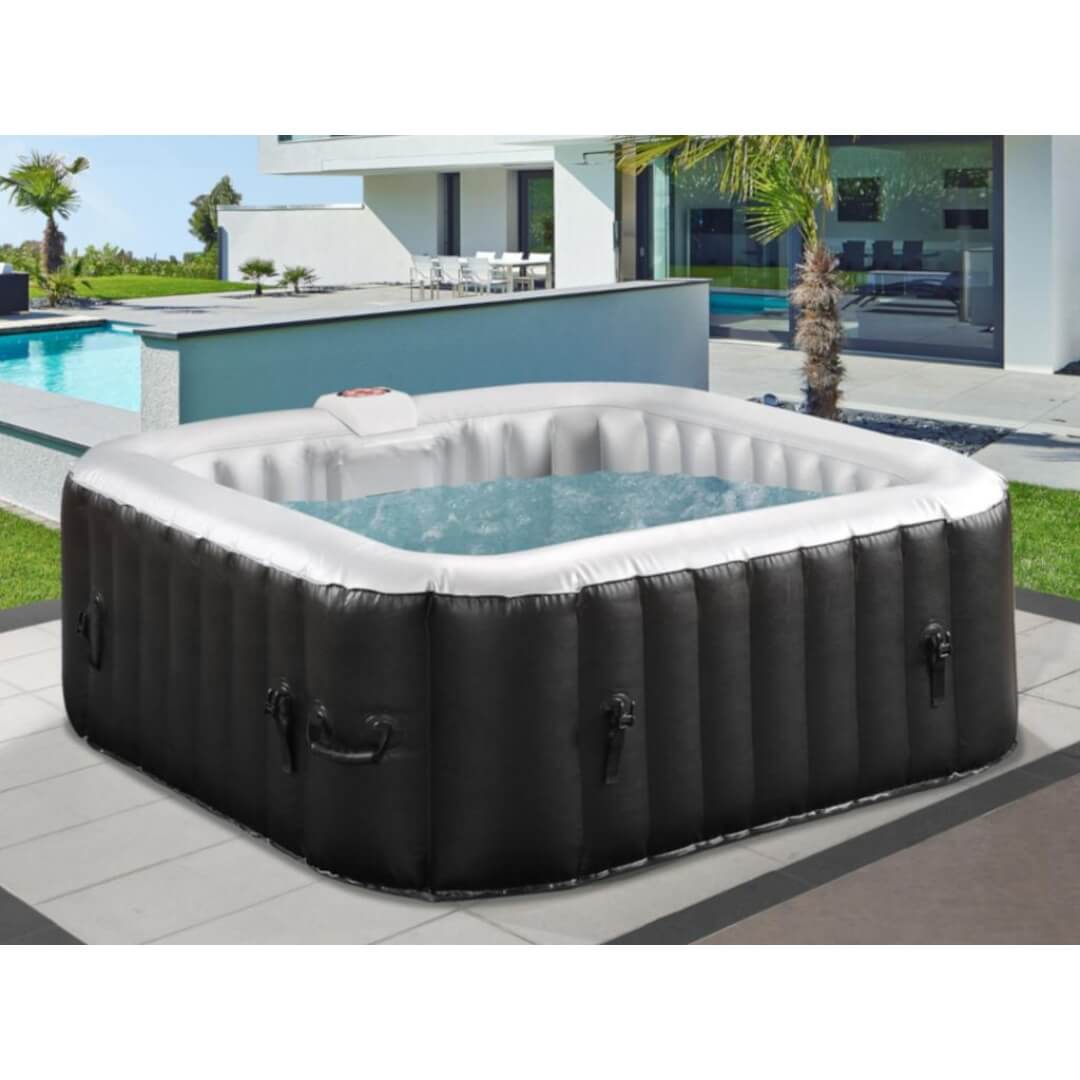 Spa gonflable carré 4 places B-COSY- Jacuzzi - L185 x P185 x H65 cm - 140 buses d'air - 910L - Noir et gris