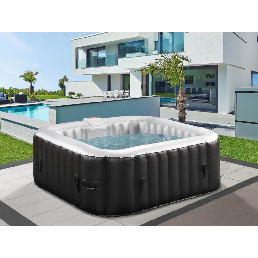 Spa gonflable carré 4 places B-COSY- Jacuzzi - L185 x P185 x H65 cm - 140 buses d'air - 910L - Noir et gris
